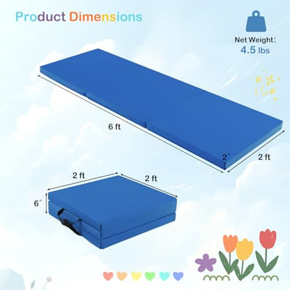 GYMAX Folding Gymnastics Mat, 6 FT x 2 FT x 2 Inches Exercise Mat w/Carrying Handles, Waterproof PU Leather, Hook & Loop Fasteners, Portable Tumbling Mat for Yoga Home Gym