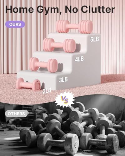YOTTOY Adjustable Dumbbell Set of 2, 4-in-1 Hand Weights for Women at Home, Compact Free Weights Dumbbells Set with Soft Grip and Base, 2-5 lbs Each for Home Gym - color: Pink