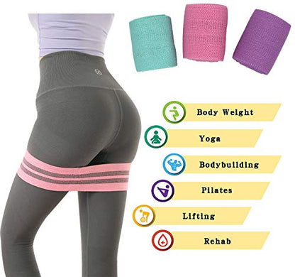 Hip Resistance Bands Non-Slip Design Fabric Booty Band Loop Set, 3 Size Fitness Workout Belts for Body Weight, Yoga and Pilates Exercise