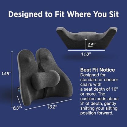 Lumbar Support Pillow for Office Chair - Lower Back Pain Relief Cushion with Adjustable SpineAlign™ Bolster, Memory Foam Pillow for Car, Couch, Gaming Seats - Dual Straps, Dark Grey