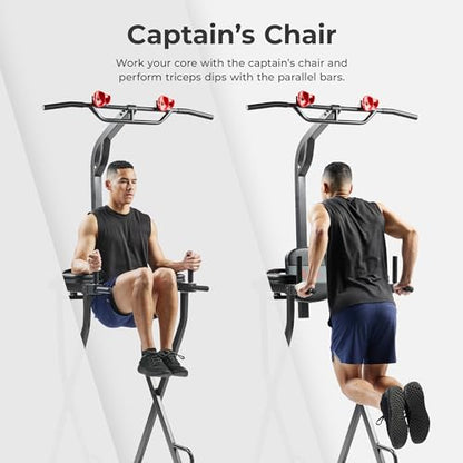 Sunny Health & Fitness Power Tower Dip Station & Pull-Up Bar, Multi-Function Strength Training Equipment with Captain’s Chair, Push-Up Bars & Core Workout for Home Gym