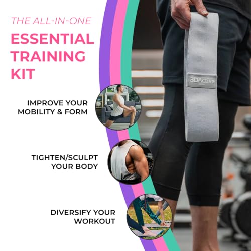 3DActive Fabric Resistance Bands for Legs & Butt. Wide Non-Slip Hip Band Set for Home & Gym Workouts. Exercise Guide & Carry Bag Included.