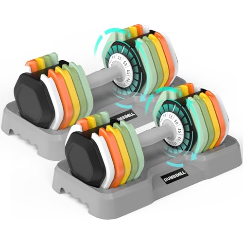 SKOK 25/55 lbs Pair Adjustable Dumbbells Set, Adjustable Weights Dumbbells Set for Men and Women with Anti-Slip Fast Adjust Weight by Turning Handle Dumbbell with Tray - color: 55lbs-Colorful-Pair