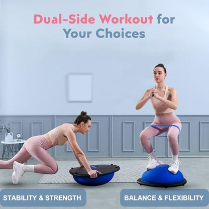 kisnbld Half Balance Ball Trainer, Inflatable 19/23 Inch Half Exercise Ball with Resistance Bands and Pilates Ball, Non-Slip 660lbs Capacity Yoga Ball for Home Gym Full Body Workouts