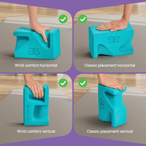PRO Yoga Blocks | Ergonomic Yoga Block 2 Pack for Wrist Comfort and Support | EVA Foam Exercise Blocks, 2x Knee Pads & Yoga Strap | Pilates Block Set | Bricks to Eliminate Wrist Pain - color: Blue
