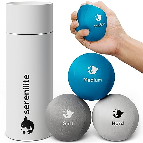 Serenilite Hand Therapy Exercise Stress Ball Bundle - Tri-Density Stress Balls for Adults & Grip Strengthening - color: Cloud, Sea Breeze, Titanium Set