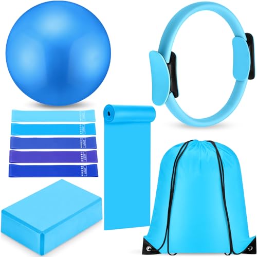 10 Pcs Pilates Ring Blocks Set for Women Home Yoga Equipment Accessories Pilates Ring Circle and Ball Workouts Gift Include Ball Yoga Circle Resistance Bands Block Straps Gym Bag - color: Blue