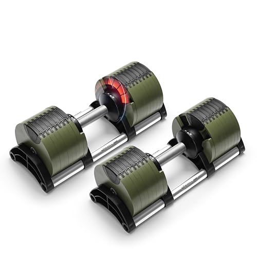 NUOBELL Adjustable Dumbbells 5-80 lbs: Replace 16 Sets, Ideal for Home Gym Weight Bench & Press - color: Tactical Green