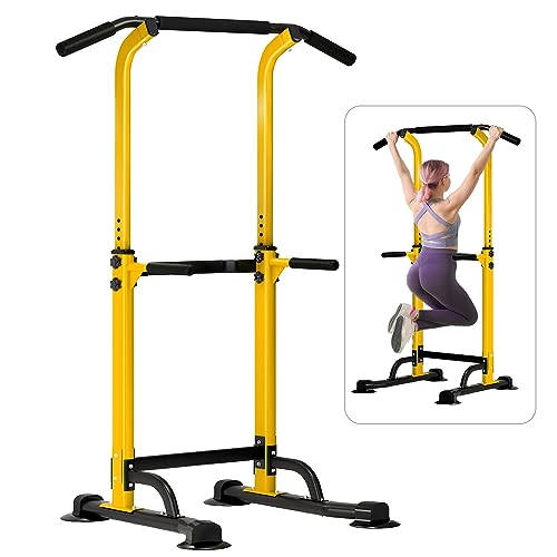 Dland Power Tower Pull Up Bar Dip Station and Height Adjustable Dip Bar Stand, Multi-Function Home Gym Exercise Equipment Strength Training Fitness Workout Station - color: Yellow