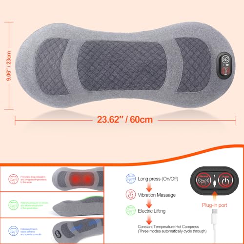 Portable 3-in-1 Electric Lumbar Support Pillow with Heat, Vibration & Traction – Back Massager for Pain Relief & Deep Tissue, Smooth Spine Triple Fusion Back Massager for Bed, Chair, Rechargeable