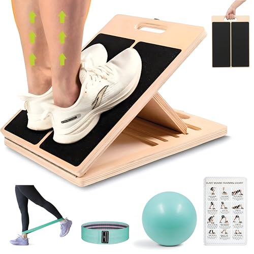 Slant Board for Calf Stretching with Resistance Band, Fitness Ball & Training Poster, 300 lbs Adjustable Wooden Incline Board, Portable Calf Stretcher for Physical Therapy Equipment & Leg Training