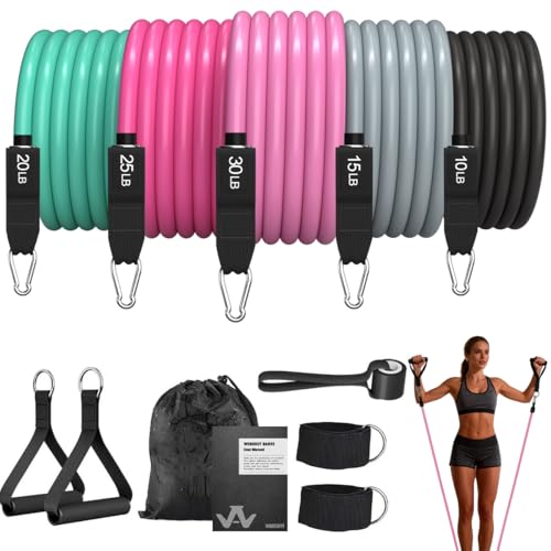 WHATAFIT Resistance Bands, Exercise Bands with Handles, Workout Bands for Working Out, Fitness Bands Set for Home Gym Full Body Strength Training, Muscle Tone, Yoga & Stretching - color: 10-100LB-Pink