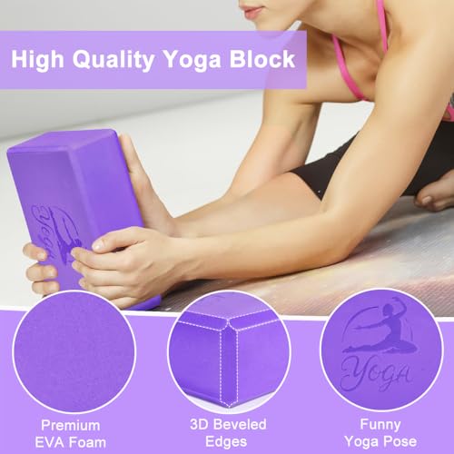 RETON Yoga Blocks Set, High - Density Yoga Block with 2 Strap, Lightweight Foam Brick Yoga Pilates Blocks, Anti-Slip Yoga Brick with Embossed Design for Posture Adjustment and Movement Assistance - color: Purple