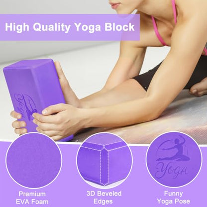 RETON Yoga Blocks Set, High - Density Yoga Block with 2 Strap, Lightweight Foam Brick Yoga Pilates Blocks, Anti-Slip Yoga Brick with Embossed Design for Posture Adjustment and Movement Assistance - color: Purple