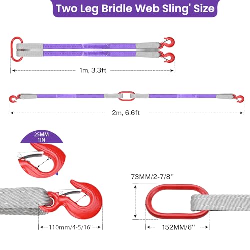 Lifting Slings Straps with Hooks - 3.3 FT, 4409LB Pounds Capacity, Polyester Bridle Sling, Heavy Duty Two Leg Rigging Strap for Engines, Cranes, Hoists, Truck