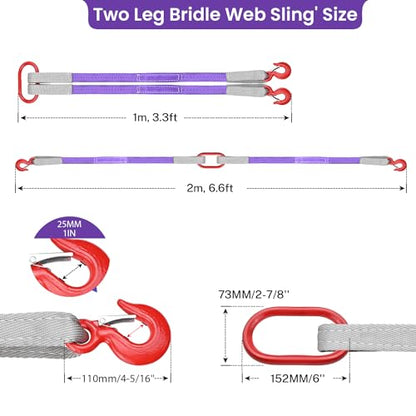 Lifting Slings Straps with Hooks - 3.3 FT, 4409LB Pounds Capacity, Polyester Bridle Sling, Heavy Duty Two Leg Rigging Strap for Engines, Cranes, Hoists, Truck