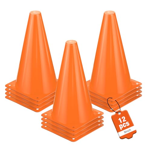 12pcs Cones 9 Inch Soccer Cones and Plastic Traffic Cones, Durable Cones for Sports Training, Ideal for Soccer, Basketball, Football, Skating, and Agility Drills Practice - color: orange