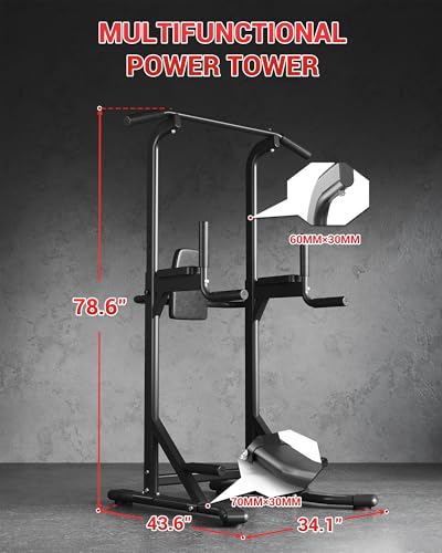 Power Tower, Heavy Duty Pull Up Bar 450LB Capacity, Multi-Functional Dip Station Adjustable Height, Strength Training Equipment Full Body for Home Gym, Pull-Ups, Dips & Leg Raises, Carbon Steel