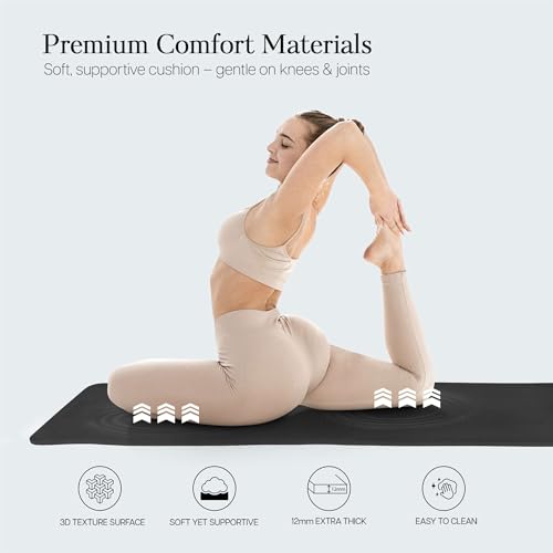 Extra Thick 12mm Exercise Mat – Non-Slip, Joint-Friendly & Cushioned Fitness Mat for Yoga, Pilates & Floor Workouts – Durable, Supportive & Includes Feetlu Classic Strap