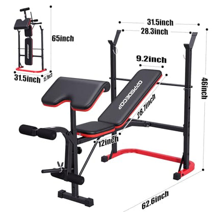 OPPSDECOR 661LBS Weight Bench Set, 8 in 1 Adjustable Bench Press with Squat Rack Leg Extension & Leg Curl Foldable Workout Bench with Safety Bar Catches Standard Weight Training Benches for Home Gym