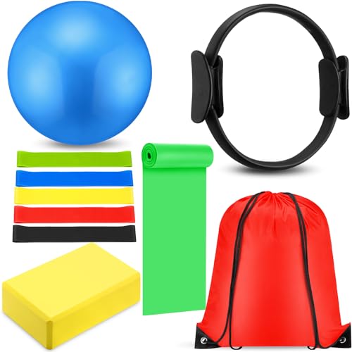 10 Pcs Pilates Ring Blocks Set for Women Home Yoga Equipment Accessories Pilates Ring Circle and Ball Workouts Gift Include Ball Yoga Circle Resistance Bands Block Straps Gym Bag - color: Red