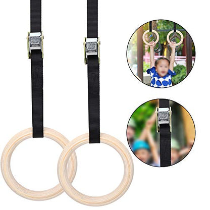 Topyond Wood Gymnastic Rings with Adjustable Straps, Olympic Rings 25mm for Gym, Workout, Exercise, Outdoor Training, Quick Install Carabiner, Can Hold up to 220lbs, 14.8 Ft. Strap