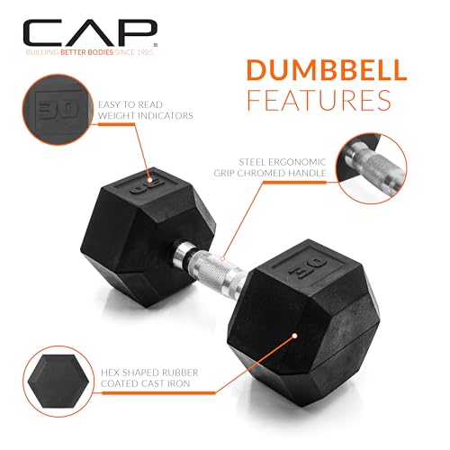 CAP Rubber Coated Dumbbell Weights, Free Weights for Home Gym Strength Training, Anti-Roll Hex Dumbbells with Black, Chrome & Comfort Grip Handles, Pairs & Sets - size: 30 lb - Pair, style: Chrome Handle