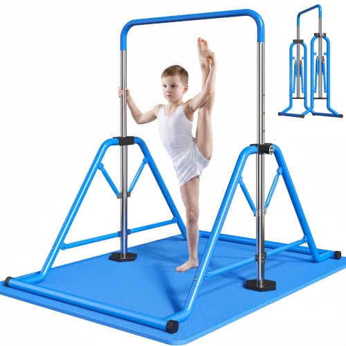 Expandable Gymnastics Bars 45''-61'' with Side Support Bars for Kids - color: Blue with mat