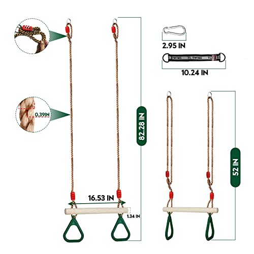 Trapeze Swing Bar with Rings, Wooden Trapeze Swing Bar with Plastic Gym Rings Adjustable Rope, Locking Straps, Outdoor Swing Set Playground Accessories for Kids (Green)