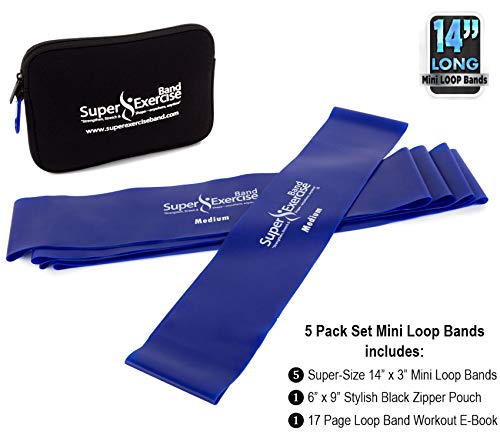 USA 14" x 3" Extra Long Latex Free Mini Loop Bands in 3, 5, 10 Pack Sets. 10 Strengths for Resistance Training, Stretching, Yoga, Toning. Plus an Exclusive iPhone App and E-Book. - color: l. Blue MEDIUM Loop Band 5 Pack