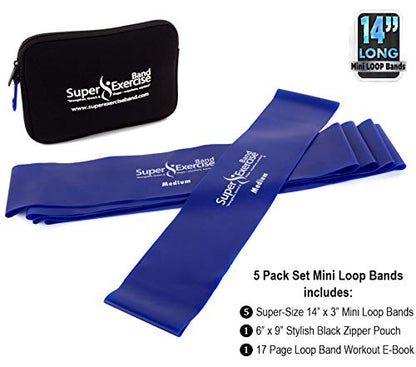 USA 14" x 3" Extra Long Latex Free Mini Loop Bands in 3, 5, 10 Pack Sets. 10 Strengths for Resistance Training, Stretching, Yoga, Toning. Plus an Exclusive iPhone App and E-Book. - color: l. Blue MEDIUM Loop Band 5 Pack