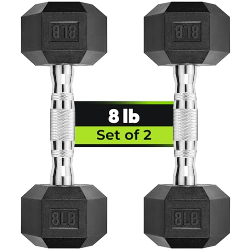 HANDBODE Hex Dumbbell Set, 2.5-65 lb Rubber Encased Exercise & Fitness Dumbbells, Weights Dumbbells Set of 2, Hand Weight for Strength Training - size: 8 lb, Pair, style: Chrome Handle