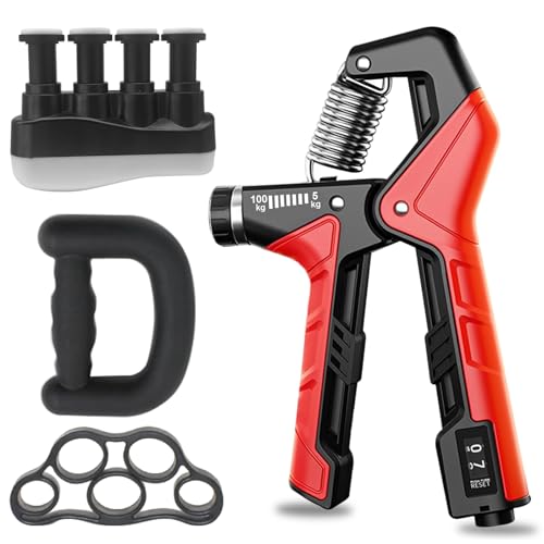 Hand Grip Strengthener - Adjustable Resistance 11-220Lbs Forearm Strength Trainer with Counting, Silicone Grip Ring & Hand Exercise for Quickly Increasing Wrist Forearm and Finger Strength Combo Set - color: Red Combo Set