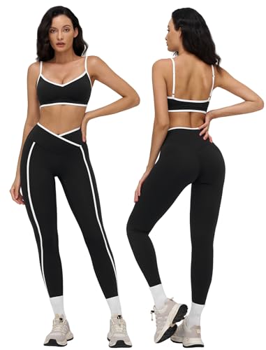 Womens Two Piece Workout Set Spaghetti Straps Color Block Sports Bra Matching High Waist Leggings Gym Work Out Outfits - color: Strappy Black, size: X-Small