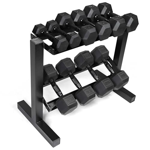 CAP 150 LB Dumbbell Set with 2-Tier Rack, Rubber Hex Free Weights Set, Home Gym Weight Set with Horizontal Storage Rack for Strength Training