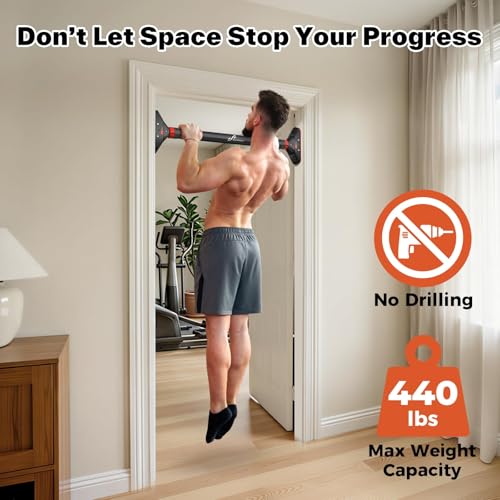 Pull Up Bar for Doorway: Sportneer Strength Training Pull-up Bars without Screw - Adjustable Width Locking Mechanism Chin Up Bar, Thickened Steel Max Limit 440 lbs Upper Body Fitness Pullup Bars for Home (Black-Red)