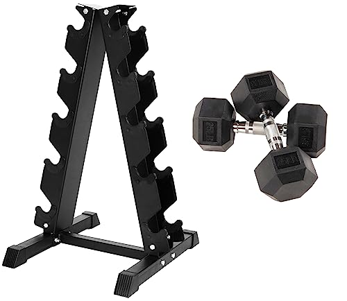 Fitvids Rubber Encased Hex Dumbbell, 25LB Pair with A-Frame Rack