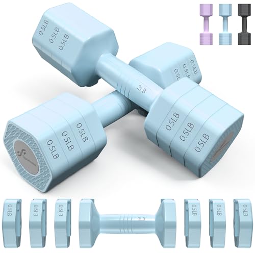 Sportneer Adjustable Dumbbells Hand Weights Set: 4 In 1 Weight Each 2lb 3lb 4lb 5lb Free Weights Dumbbells Set for Women Fast Adjust Dumbbell Set for Men Home Gym Workout Strength Training Exercise - color: Blue