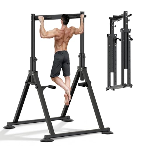 Foldable Power Tower Dip Station Pull Up Bar, Multifunction Triangular Structure Pull Up Station Home Gym Strength Training Workout Equipment