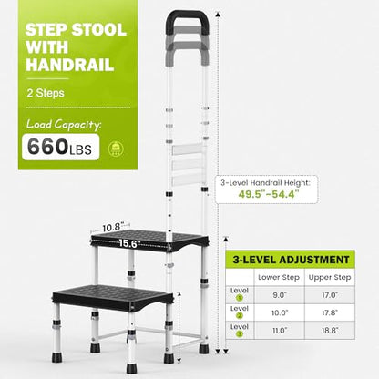 RV Step Stool with Handle for Elderly,2 Step Ladder with Handrail, Reinforced PP Wide Platform, Adjustable Height, Portable Stairs for Hot Tub/Camper/Mobile Home/Porch/SPA Pool/Pet Stairs - size: 2 Steps-Adjustable Height