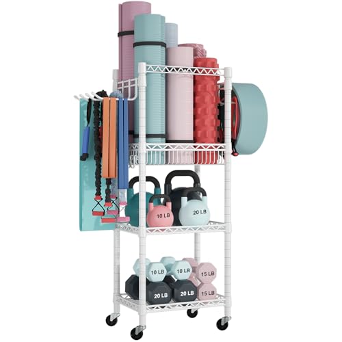 FUTASSI Home Gym Storage, 3 Tiers Workout Equipment Organizer with Wheels for Yoga Mats, Foam Roller, Dumbbells, Kettlebells, and Resistance Bands - color: White, size: Single-Row