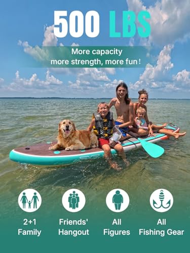 Niphean (Extra Large) Inflatable Paddle Board, SUP for 2+1 People/Family 500lbs Capacity Stand Up Paddle Board with SUP Accessories, StabilTrac Fin Non-Slip Paddleboard for Adults - color: Sky Blue