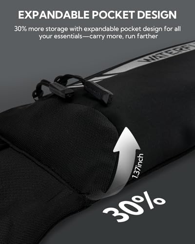 WATERFLY Running Belt Fanny Pack: Slim Breathable 4 Pocket Waist Bag for Men Women Sport Workout Exercise Fitness Phone Holder - Runner Marathon Jogging Waistband Fits ALL Phones Black