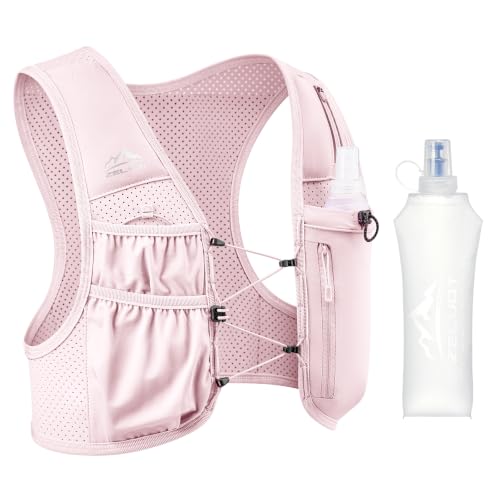 Zelvot Running Vest for Women Men, US Patent, Adjustable Chest Straps Running Hydration Vest with 500ml Soft Flask, Lightweight Reflective Hydration Backpack for Marathon - color: Blush Pink, size: Medium-Large (1 Soft Flask)