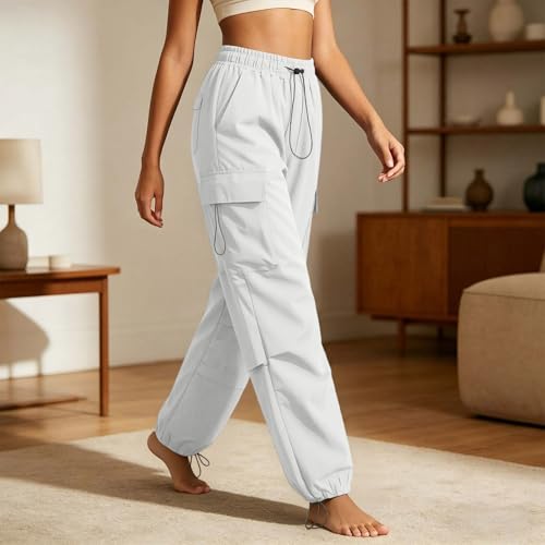 Parachute Pants for Woman Elastic Waisted Lightweight Quick Dry Cargo Pants Casual Hiking Joggers with Pockets