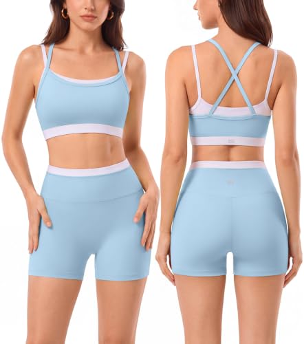 2 Pieces Workout Sets for Women,Seamless Athletic Short with Double Layer Sports Bra,Gym Matching Outfits - color: Blu009, size: Large