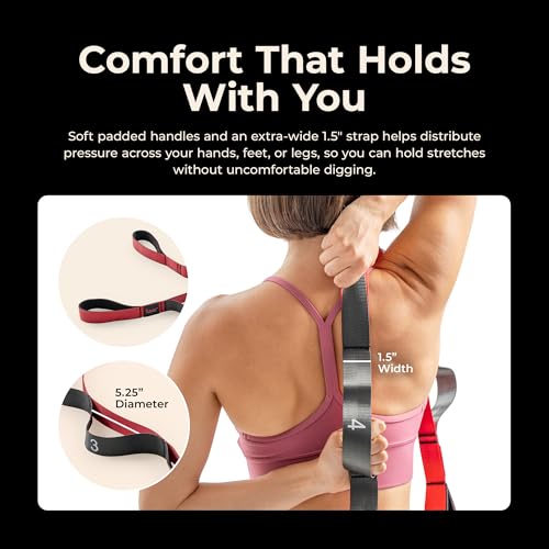 Sunny Health & Fitness Premium Yoga Stretch Strap with 8 Individual Grip Loops - 75" x 1.5" Durable Polyester Stretching Strap for Flexibility, Physical Therapy, Pilates, and Full Body Workouts