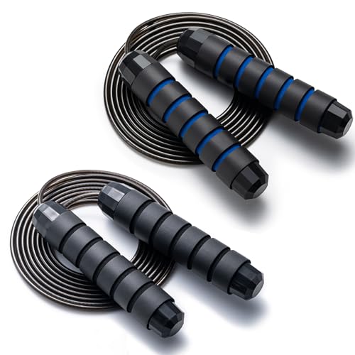 BOOMIBOO Jump Rope, Adjustable Jump Ropes,Skipping Rope Tangle-Free Rapid Speed with Ball Bearings for Women Men Kids,Exercise & Slim Body Jumprope at Home School Gym - color: Black+Blue