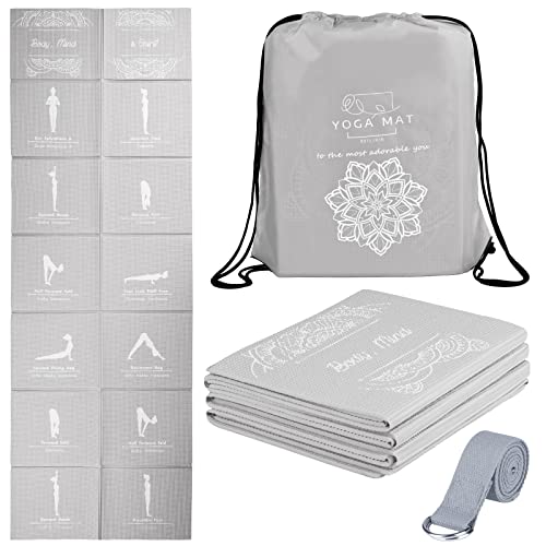 Foldable Yoga Mat for Women, Non Slip Exercise Mat for Home Gym, 5mm Travel Yoga Mats Set With Stretch Strap for Yoga Pilates and Fitness, 68"L x 24"W x 0.2 Inch Thick