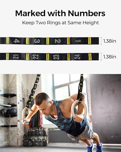 Gymnastics Rings 32mm Wooden Olympic Rings Support 1500lbs Locked Carabiners 9ft Double-Layer Numbered Straps Non-Slip Gym Rings with Foot Straps Door Anchor for Home Gym Full Body Workout - style: 1.25" Carabiners Rings & Daisy Chains Straps & Door Ancho